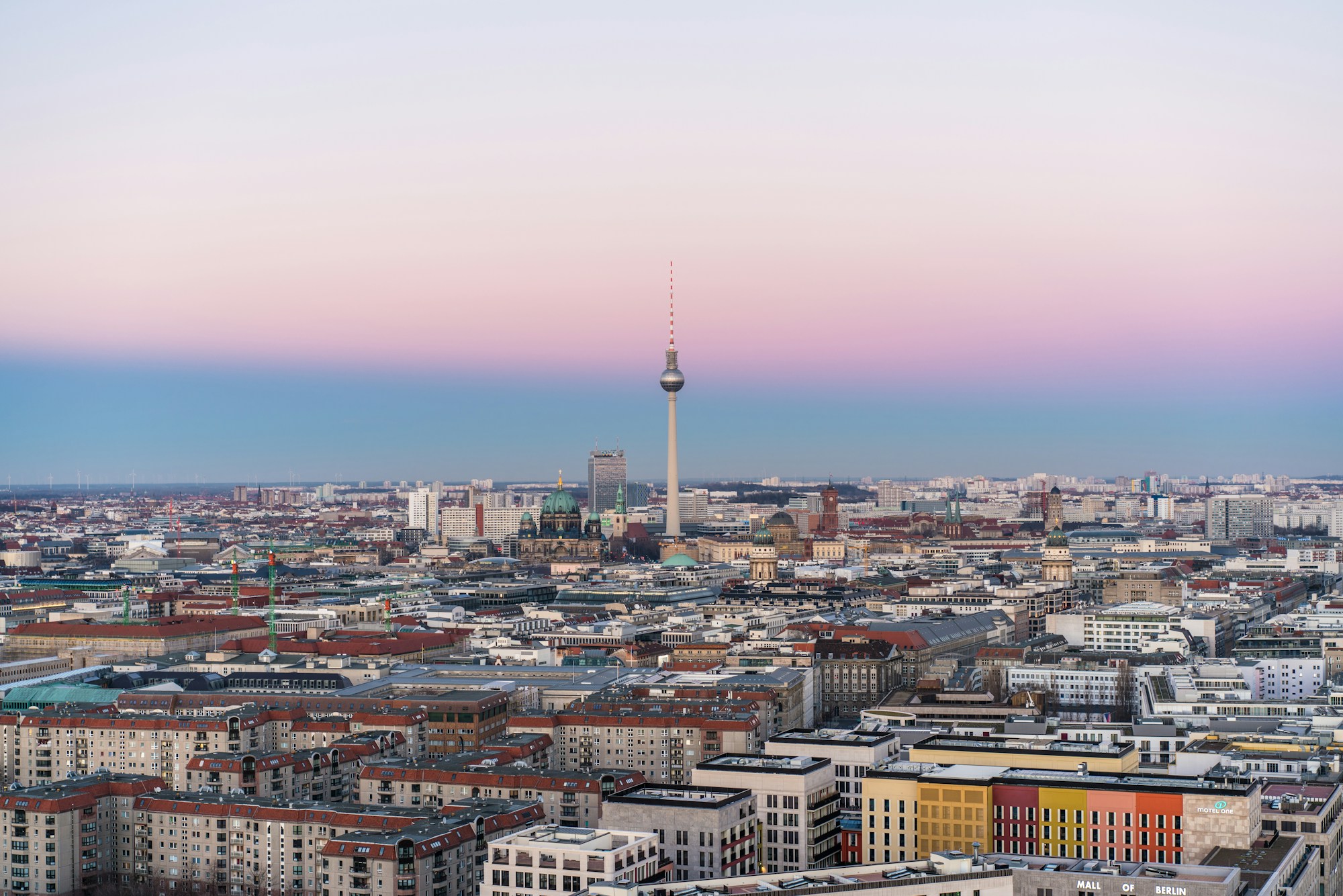 Berlin skyline at dusk with the Fernsehturm TV Tower and Berliner Dom, Germany