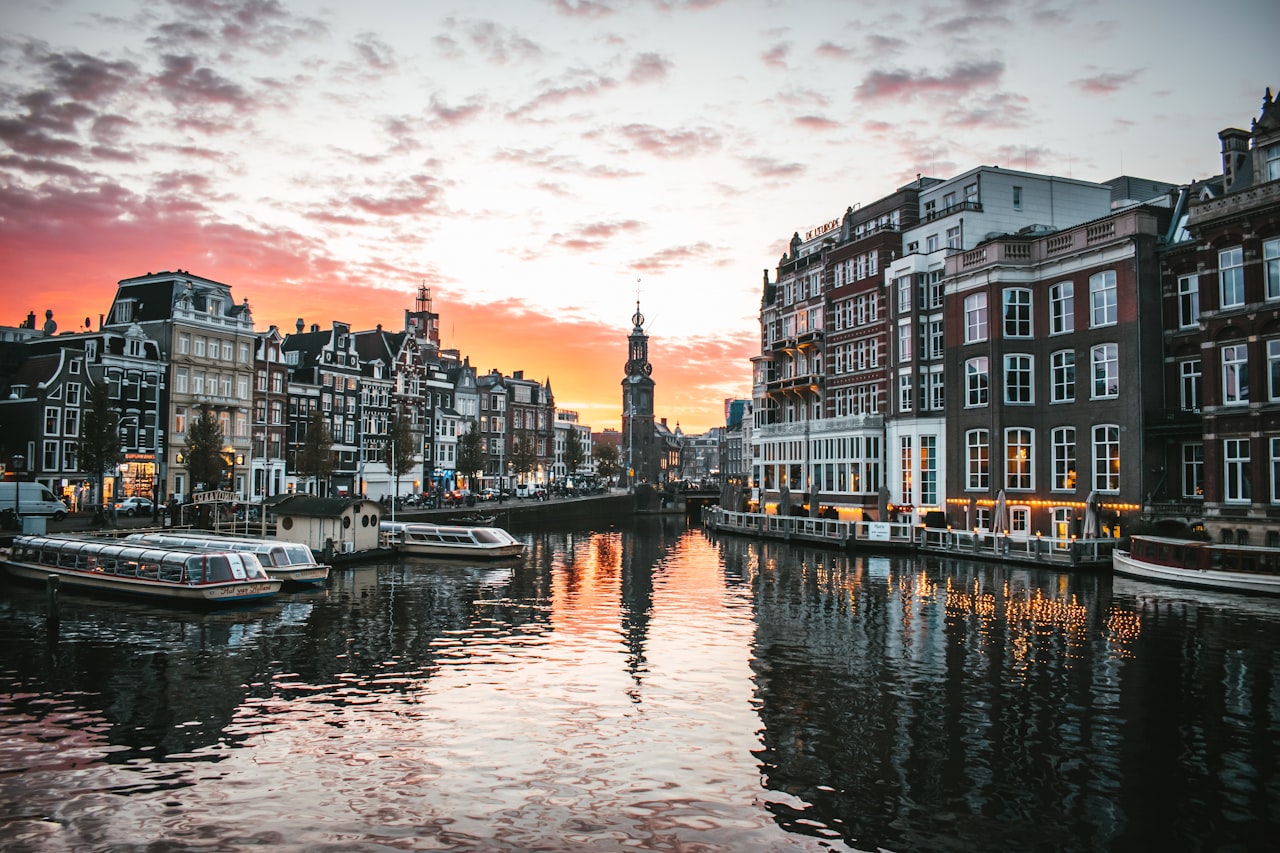 Amsterdam canal houses and boats, Netherlands